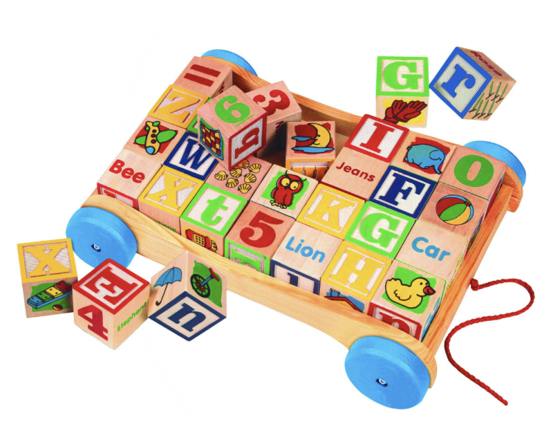 Wooden Trolley with Alphabet & Number Blocks